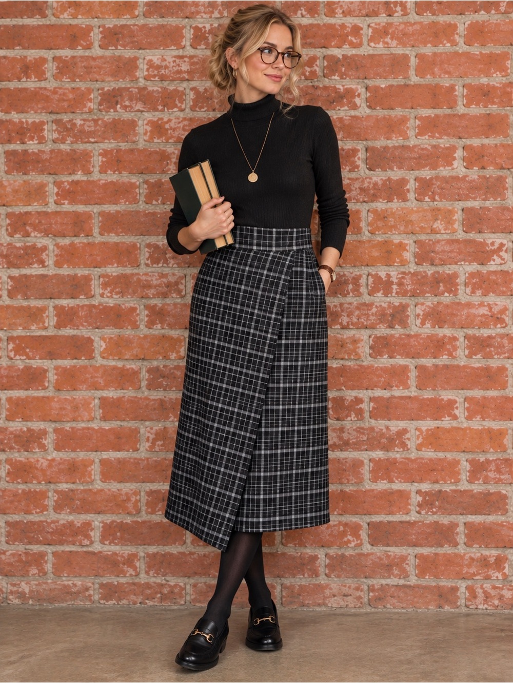 Liz Claiborne Cozy Classic Black and White Plaid Wrap Midi Skirt